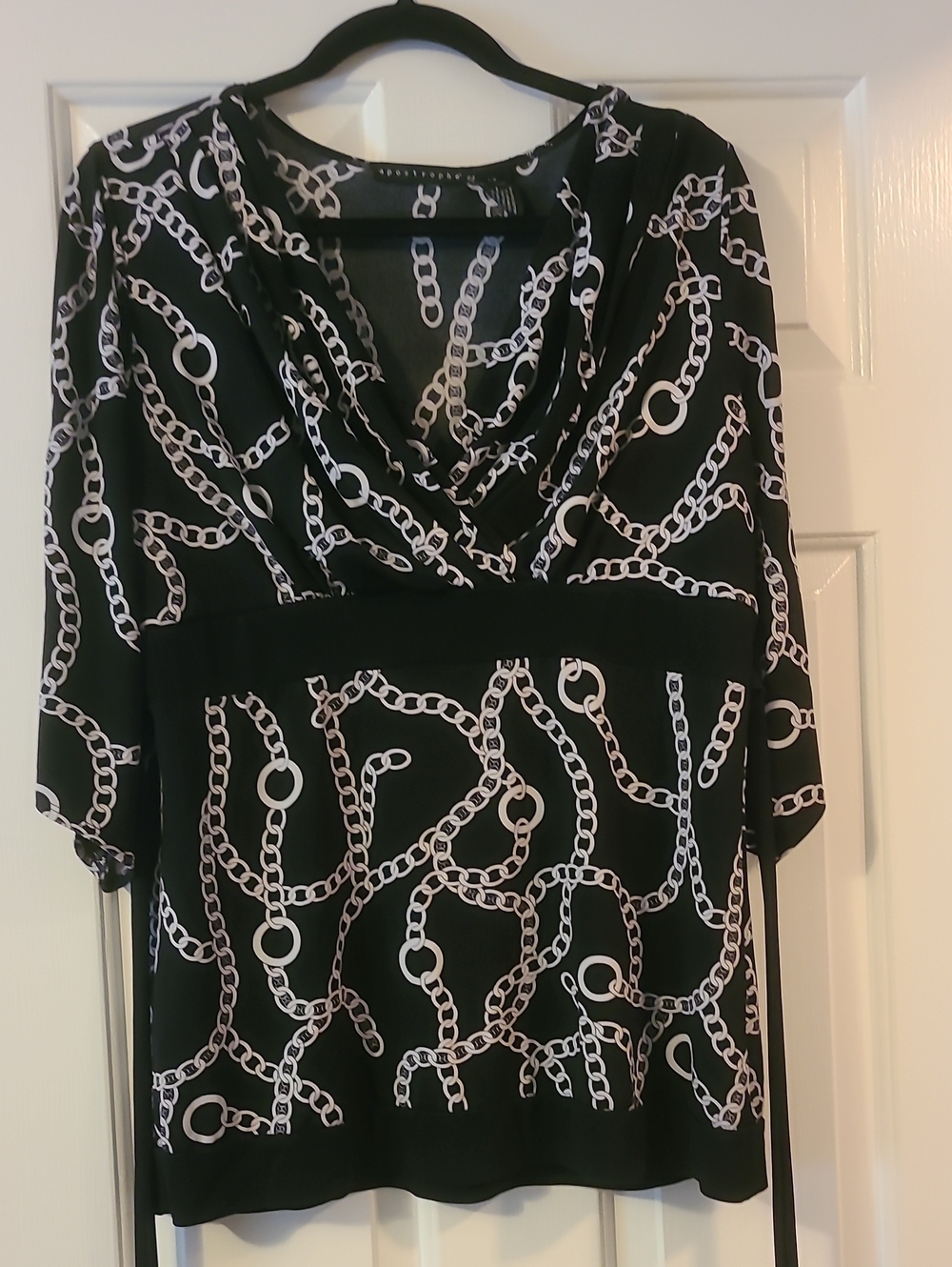 Black Chain-Print Cowl Neck Blouse